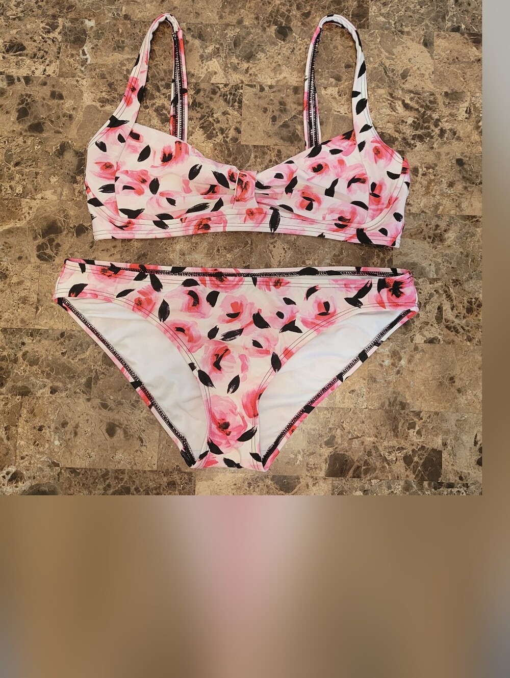 kate spade White with Pink Floral Bikini Bottom with Black Trim